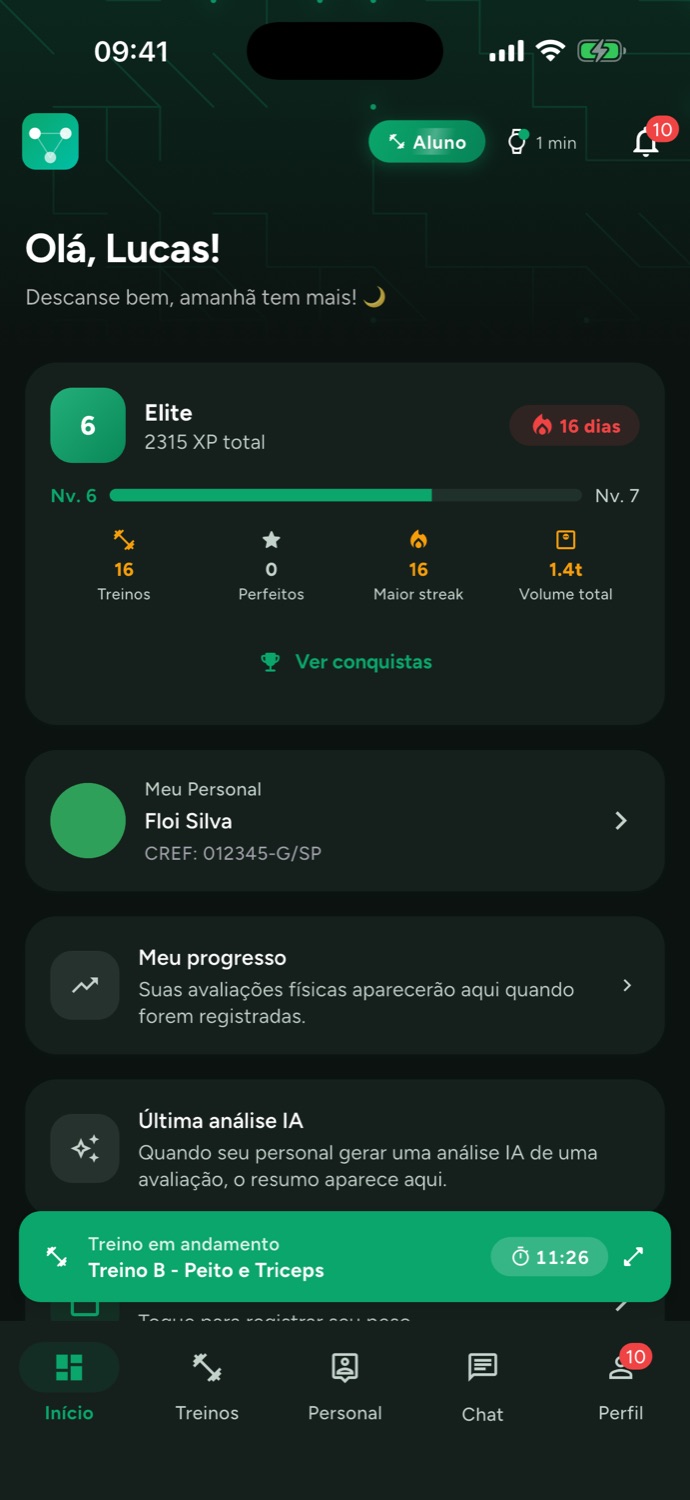 Pantalla inicial del alumno: nivel 6 Élite, 2315 XP y 16 días seguidos de entrenamiento