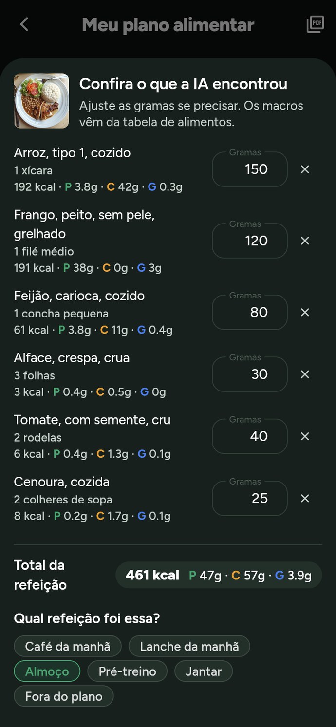 Revisão de uma refeição registrada pela foto no Trainer Connect: arroz, feijão carioca, peito de frango grelhado, alface, tomate e cenoura, com gramas e macros da tabela TACO
