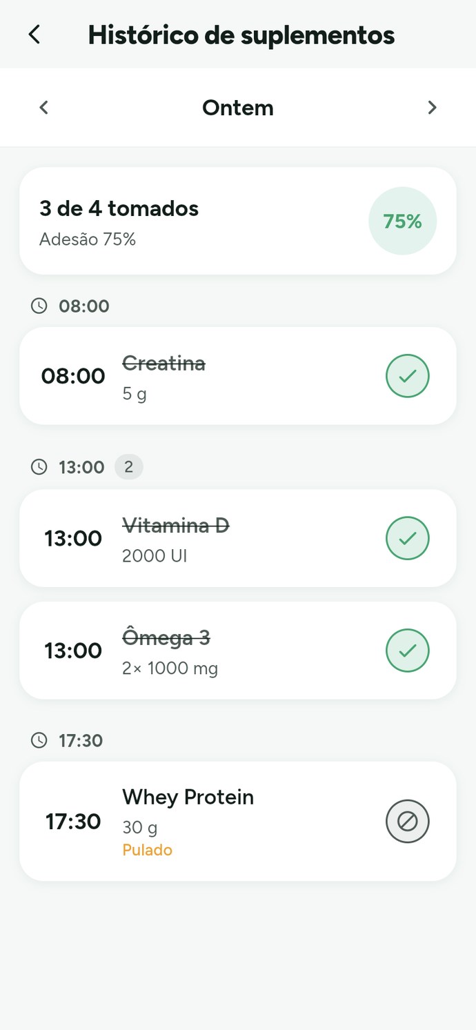 Histórico de suplementos no app Trainer Connect: 3 de 4 tomados, adesão de 75%, com creatina, vitamina D e ômega 3 marcados e o whey pulado