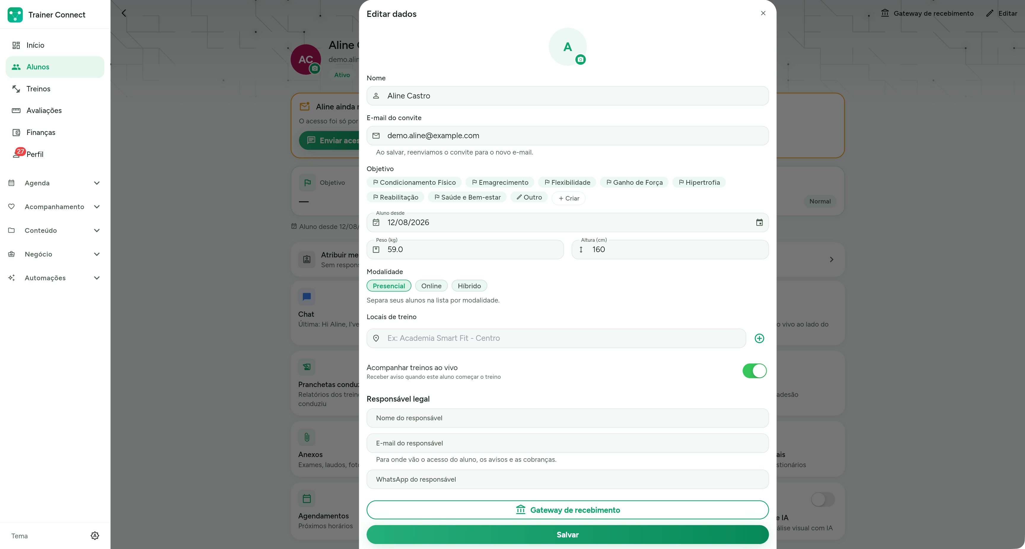 Conta de demonstração: janela Editar dados com E-mail do convite, aviso de reenvio e botão Salvar