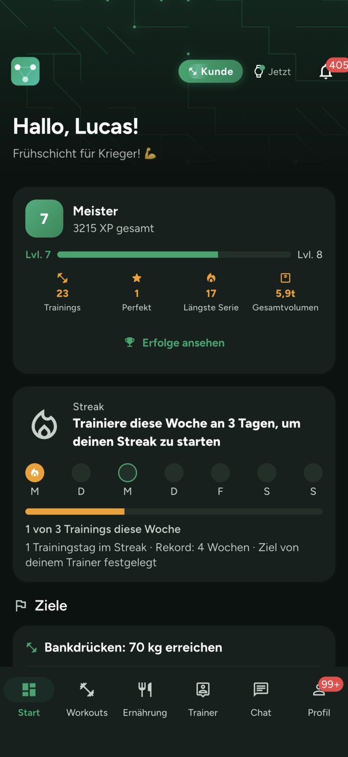 Startbildschirm des Kunden: Level 6 Elite, 2315 XP und 16 Trainingstage in Folge
