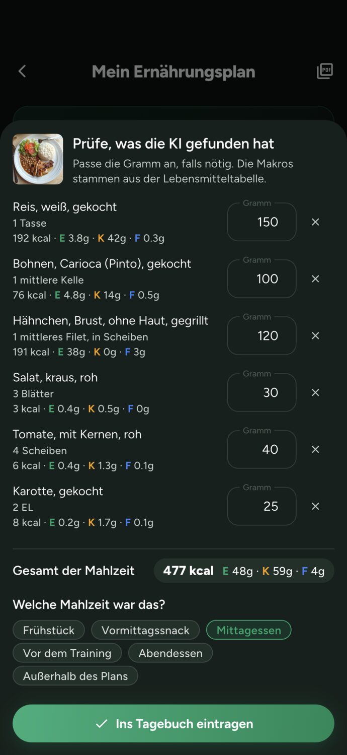 Ansicht einer per Foto erfassten Mahlzeit in Trainer Connect: Reis, Carioca-Bohnen, gegrillte Hähnchenbrust, Salat, Tomate und Karotte, mit Gramm und Makros aus der TACO-Tabelle