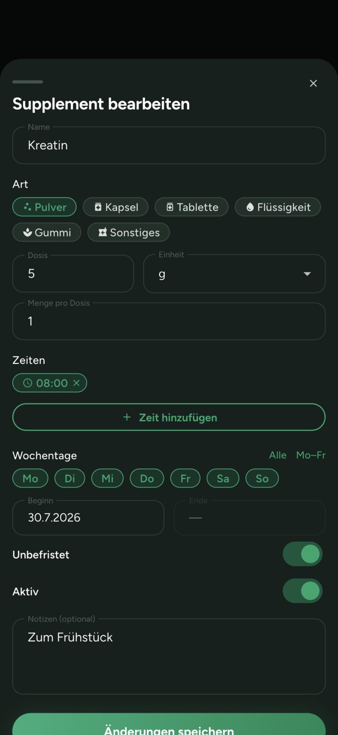 Supplement-Formular in Trainer Connect: Kreatin, Pulver, 5 g, eine Einheit pro Dosis, Erinnerung täglich um 08:00 Uhr, mit dem Hinweis Zum Frühstück
