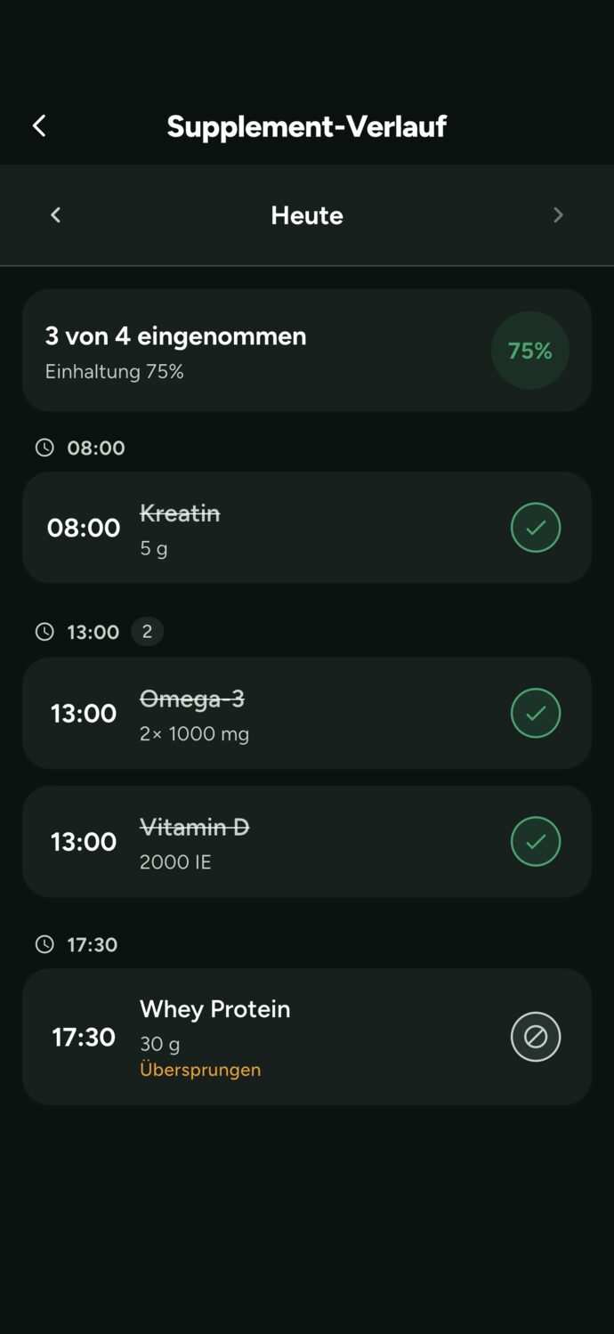 Supplement-Verlauf in der Trainer Connect App: 3 von 4 eingenommen, 75 % Einnahmequote, mit Kreatin, Vitamin D und Omega 3 abgehakt und Whey übersprungen