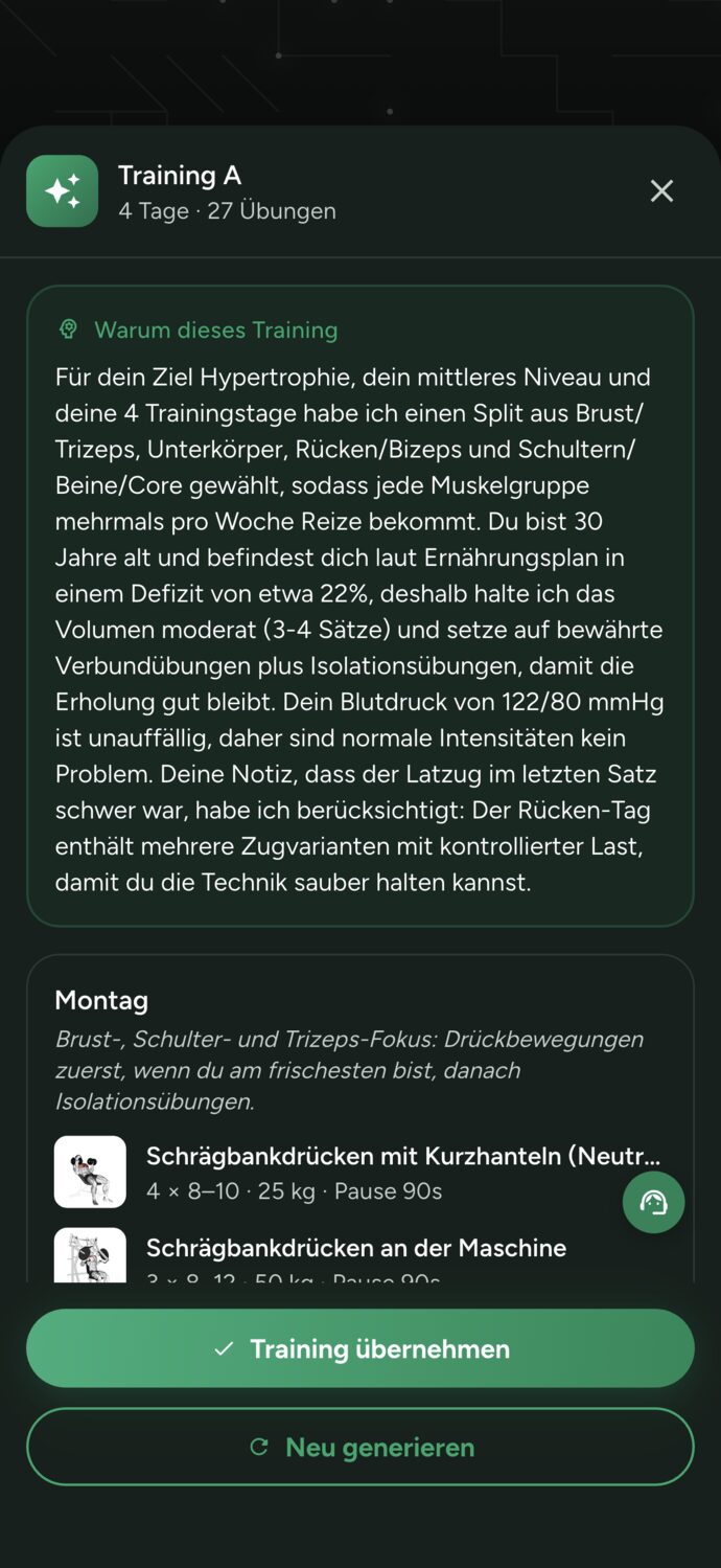 Vorschau eines von künstlicher Intelligenz erstellten Trainings in Trainer Connect, mit der Begründung für jede Auswahl für den Kunden