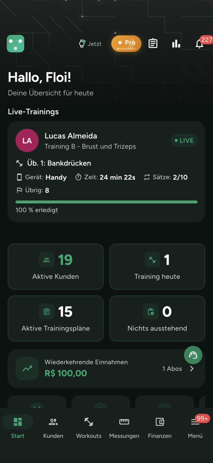 Trainer-Dashboard mit der Karte Live-Training: Lucas Almeida bei Training B - Brust und Trizeps, als live markiert, 24 Minuten Training, 2 von 10 Sätzen und 20 % abgeschlossen