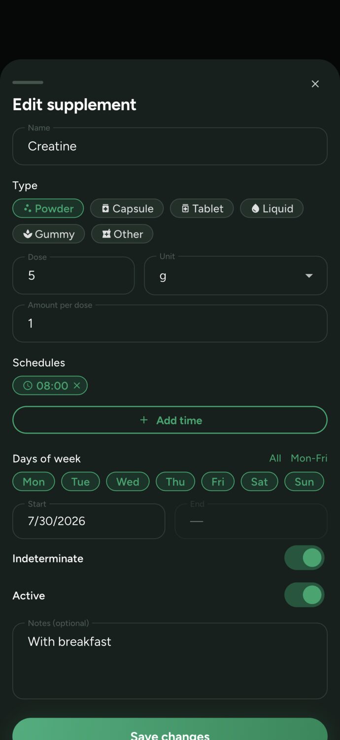 Supplement form in Trainer Connect: creatine, powder, 5 g, one unit per dose, reminder at 8:00 AM every day, with the note With breakfast