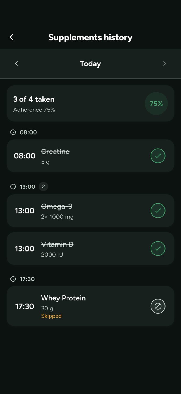 Supplement history in the Trainer Connect app: 3 of 4 taken, 75% adherence, with creatine, vitamin D, and omega-3 checked off and the whey skipped