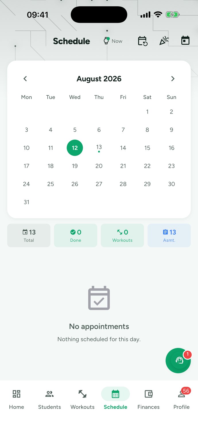 Trainer's calendar for July 2026 showing four appointments for the day, including an in-person session pending action and two workouts awaiting confirmation