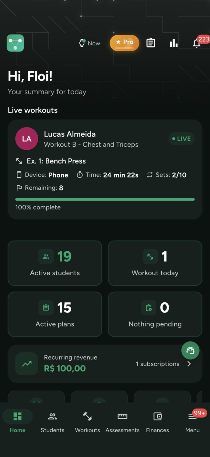 Trainer dashboard with the Live Workouts card: Lucas Almeida in Workout B - Chest and Triceps, marked as live, 24 minutes in, 2 of 10 sets, 20% complete