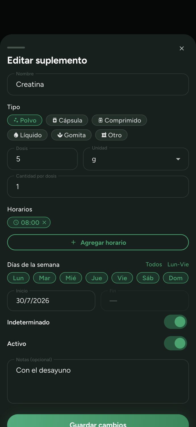 Formulario de suplemento en Trainer Connect: creatina, polvo, 5 g, una unidad por dosis, recordatorio a las 08:00 todos los días, con la nota Con el desayuno