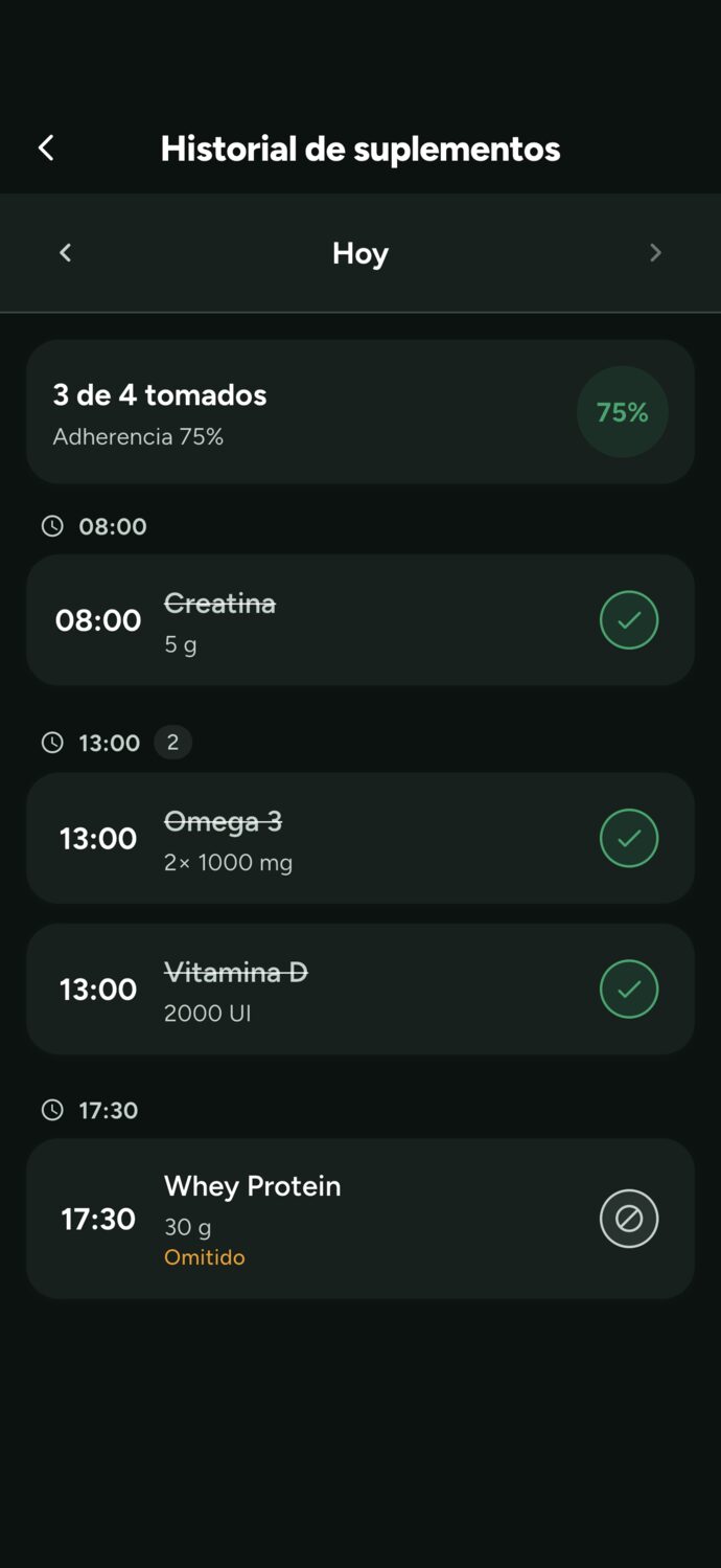 Historial de suplementos en la app Trainer Connect: 3 de 4 tomados, adherencia del 75%, con creatina, vitamina D y omega 3 marcados y la whey sin tomar