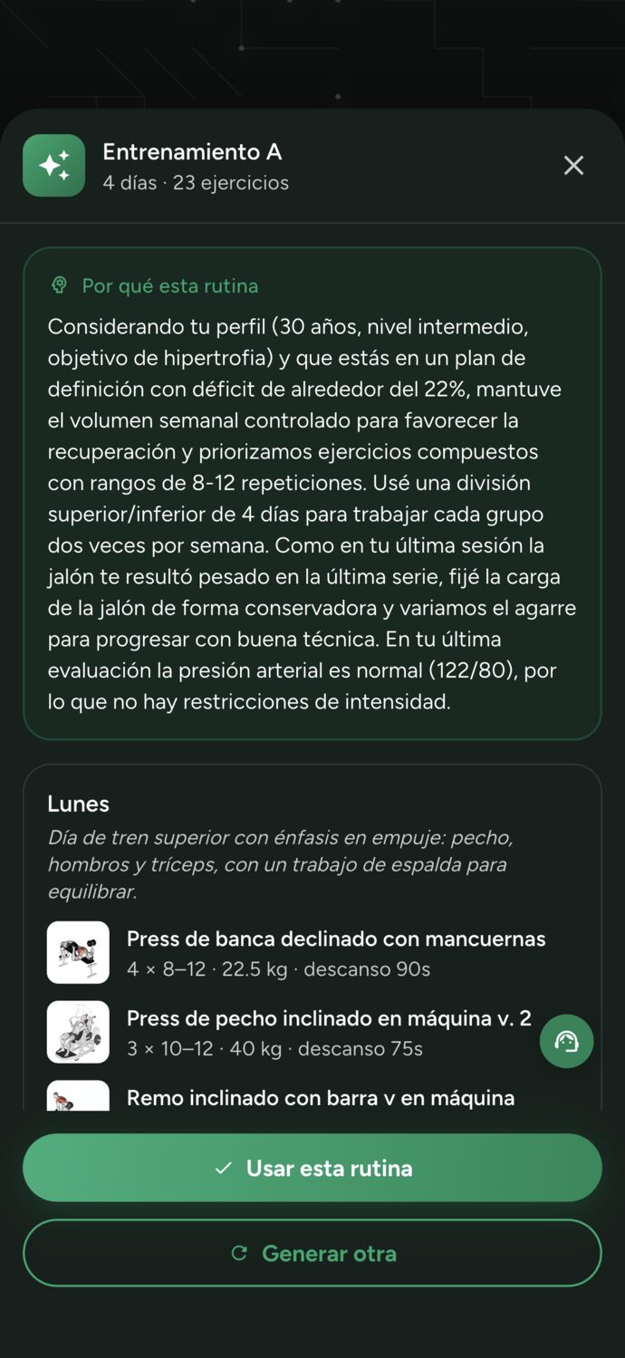 Vista previa de una rutina generada con inteligencia artificial en Trainer Connect, con el motivo de cada elección para el alumno