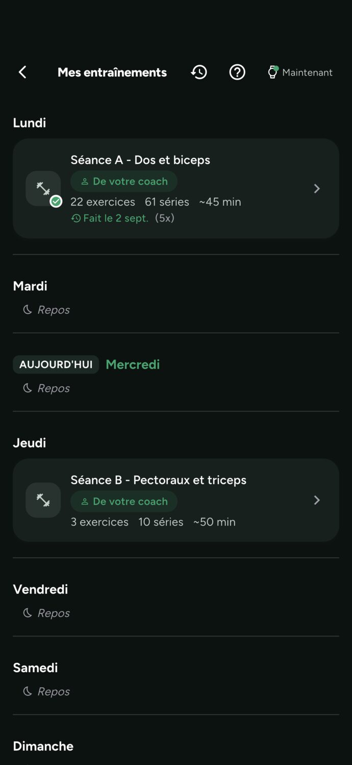 Écran Mes entraînements de l'élève : la semaine avec la séance du jour mise en avant, chacune avec nombre d'exercices, séries et durée