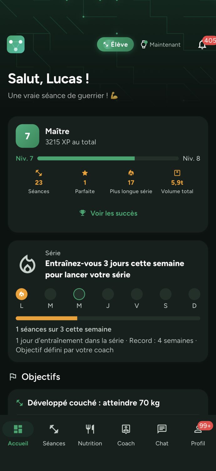 Écran d'accueil de l'élève : niveau 6 Élite, 2315 XP et 16 jours d'entraînement d'affilée