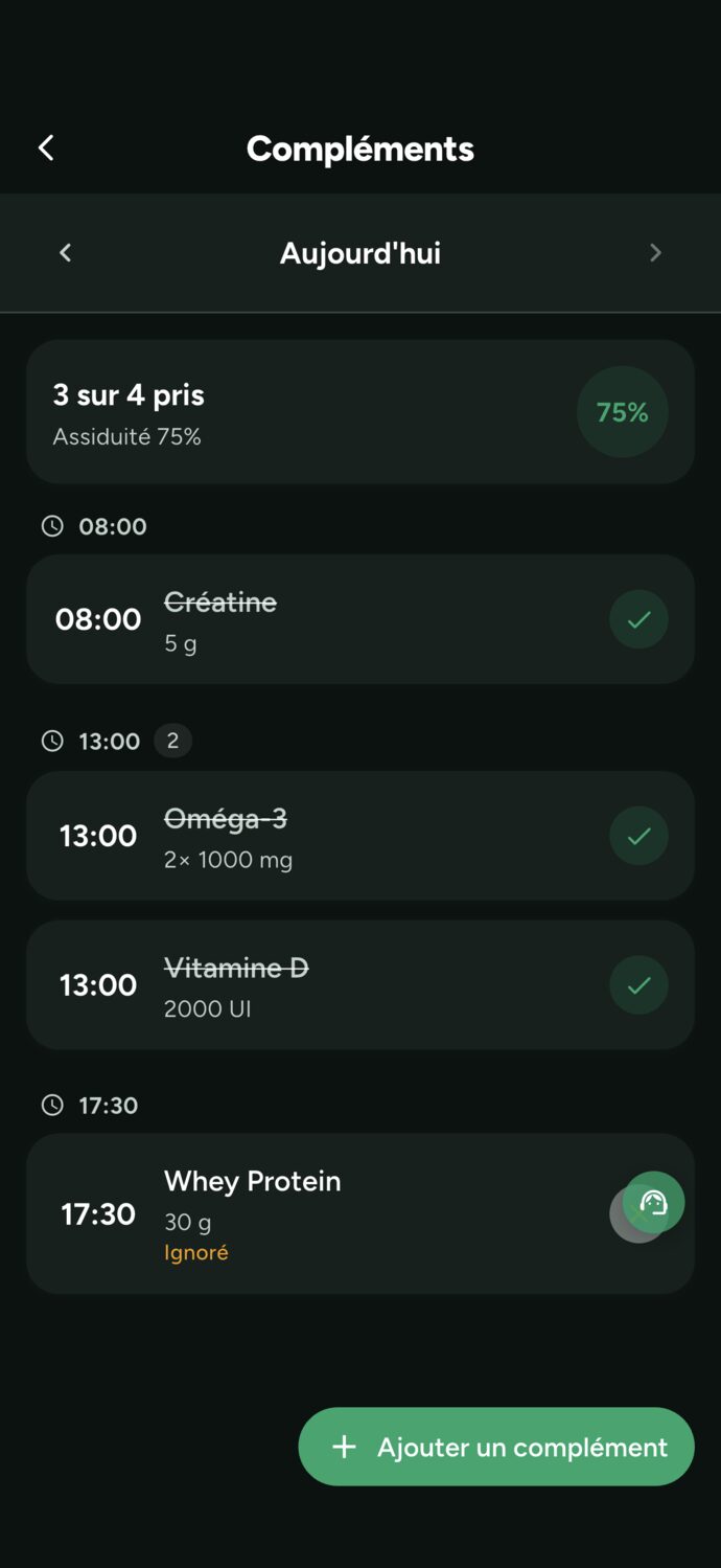 Écran des compléments de l'élève vu par le coach dans Trainer Connect : samedi, 2 sur 3 pris, créatine en retard, vitamine D et oméga 3 pris, bouton Ajouter un complément