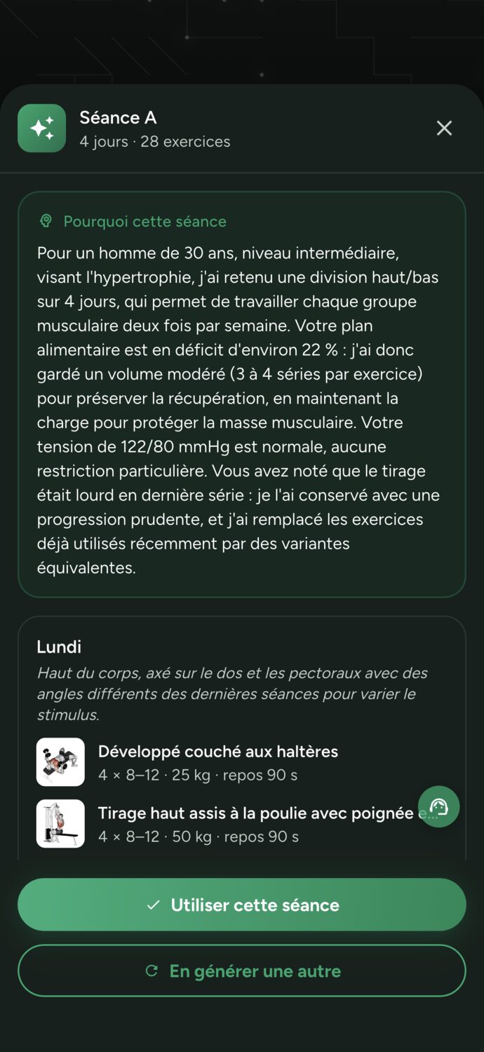 Aperçu d'une séance générée par intelligence artificielle dans Trainer Connect, avec la raison de chaque choix pour l'élève