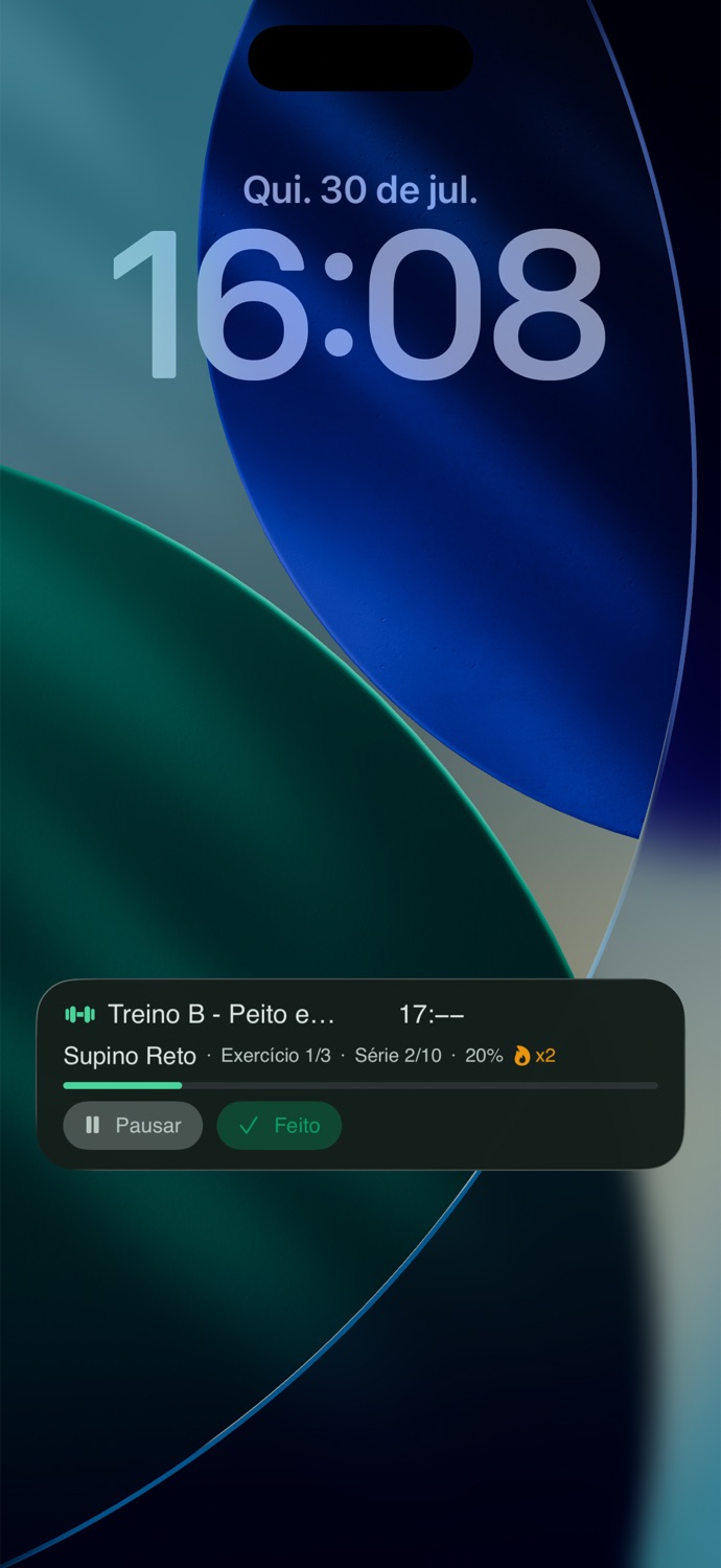 Rutina en curso en la pantalla de bloqueo del iPhone, con serie, progreso y los botones Pausar y Listo