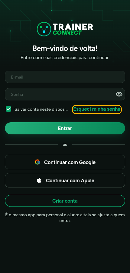 Tela de login do Trainer Connect com a opção Esqueci minha senha destacada