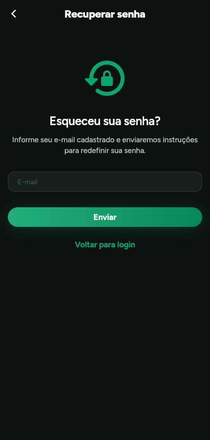 Tela Recuperar senha do Trainer Connect com o campo de e-mail e o botao Enviar