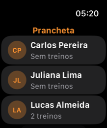Apple Watch mostrando el panel del entrenador con la lista de alumnos