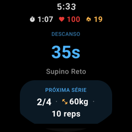 Wear OS en el descanso de 35 segundos, con pulsaciones y la próxima serie